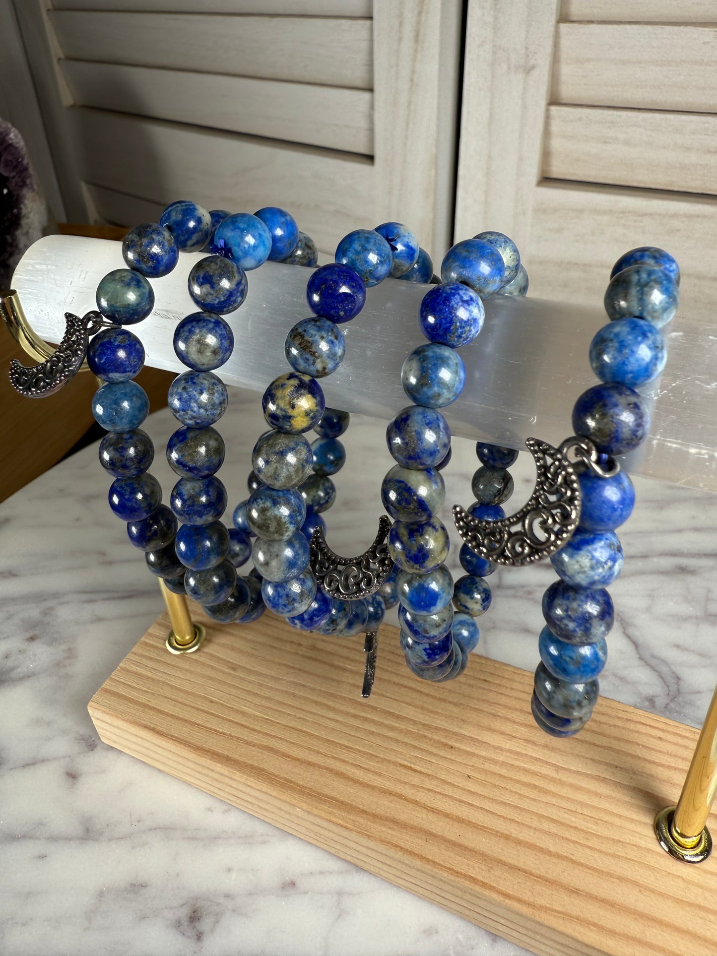 8mm Lapis Lazuli + Moon Charms Bracelet