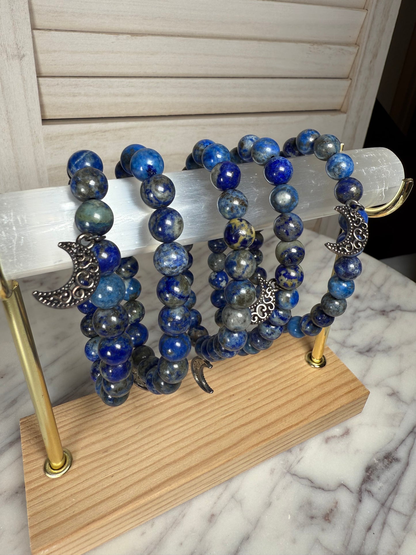 8mm Lapis Lazuli + Moon Charms Bracelet