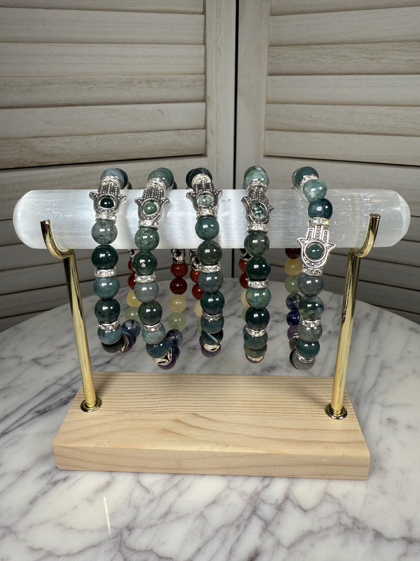 8mm Moss Agate Chakra +Hamsa Bracelet