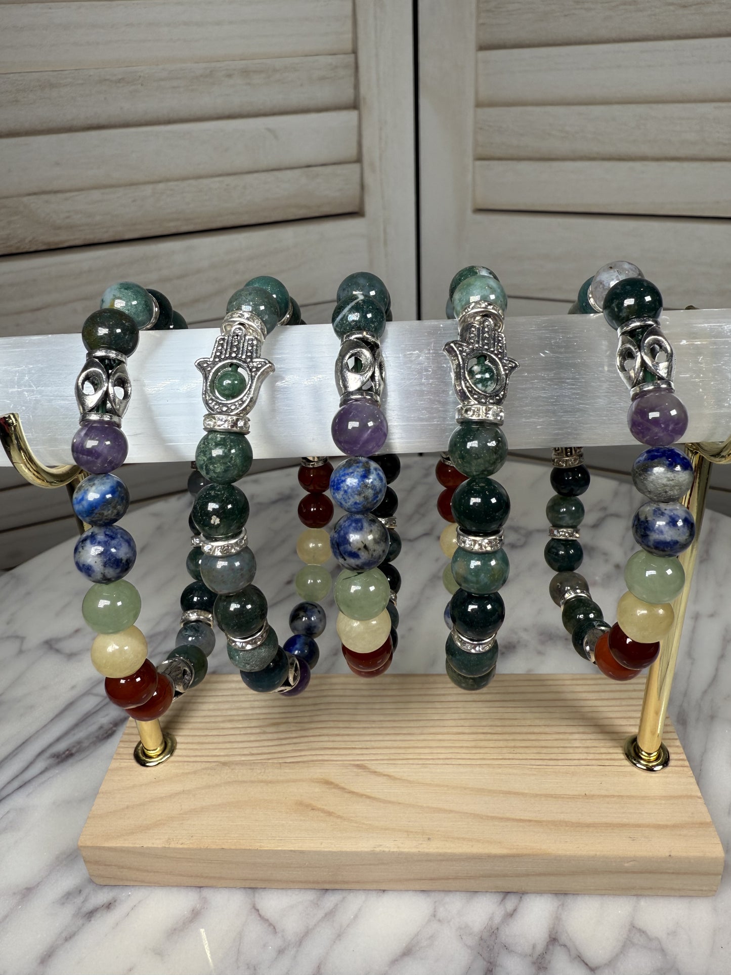 8mm Moss Agate Chakra +Hamsa Bracelet