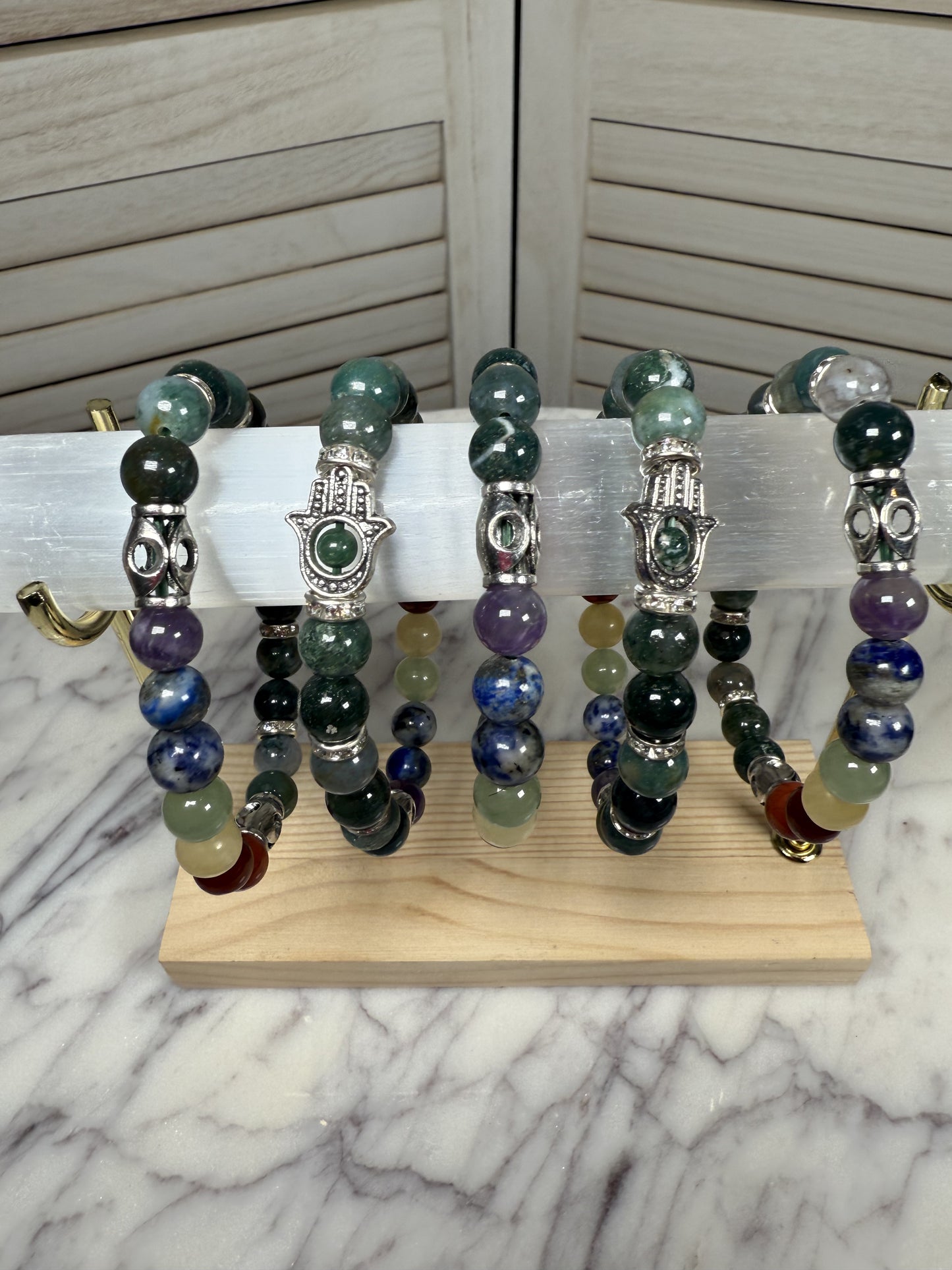 8mm Moss Agate Chakra +Hamsa Bracelet
