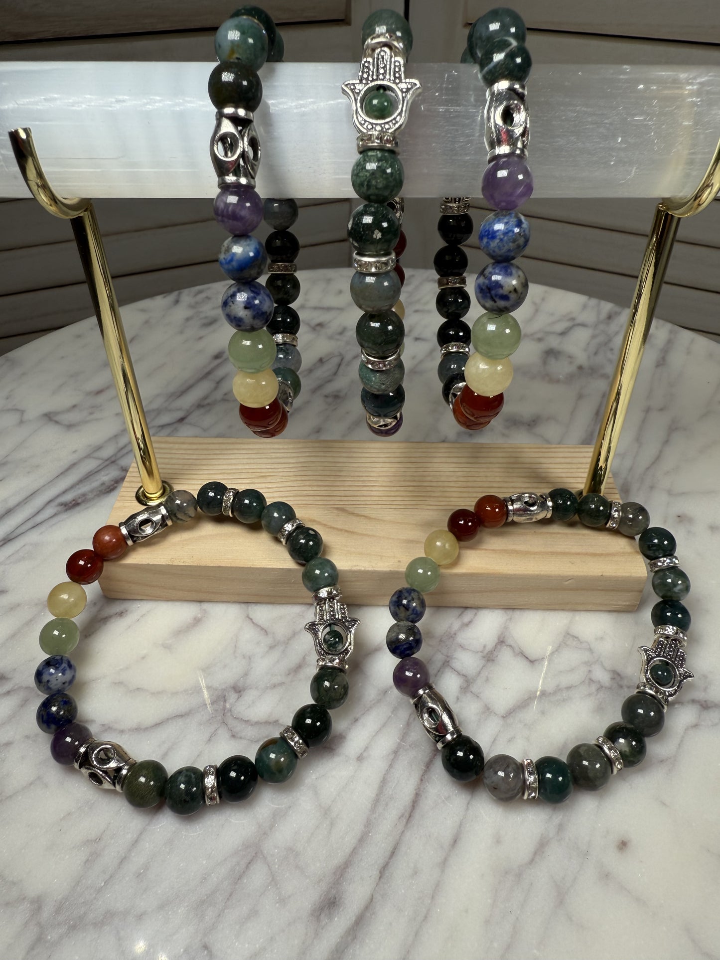 8mm Moss Agate Chakra +Hamsa Bracelet