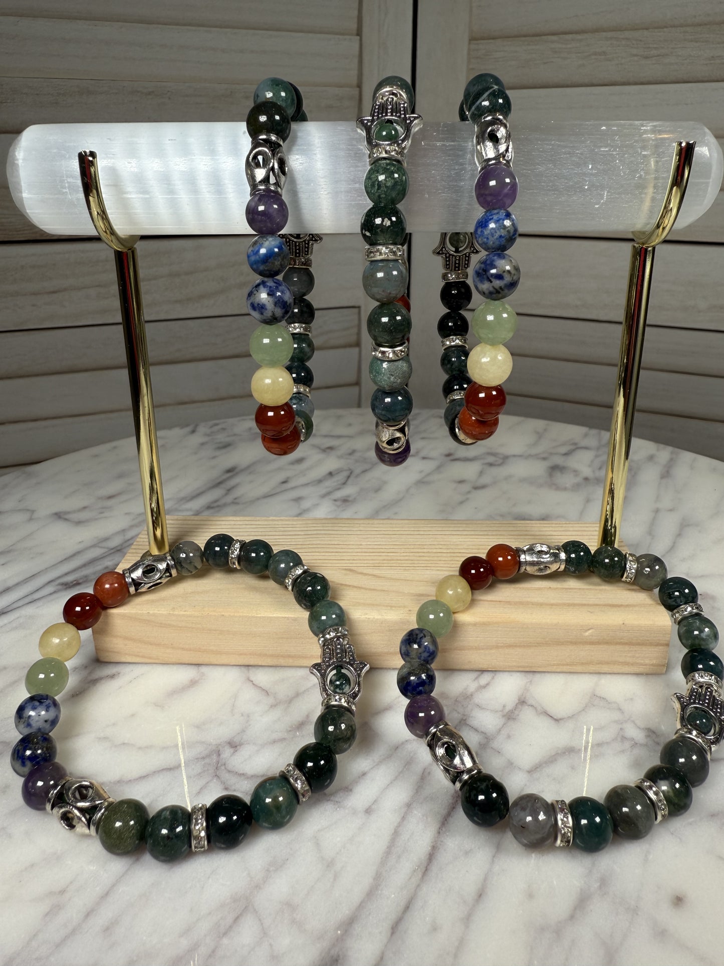 8mm Moss Agate Chakra +Hamsa Bracelet