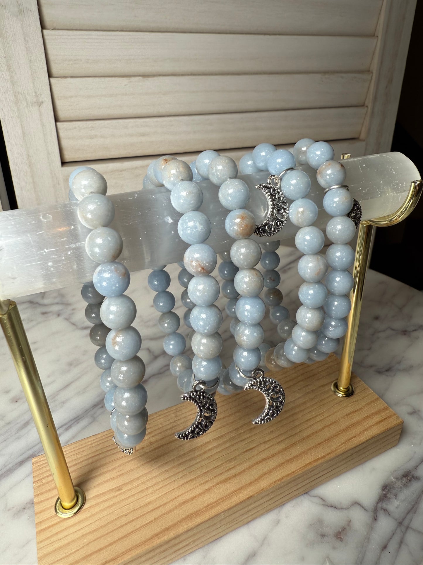 8mm Angelite+ Moon Charms Bracelet