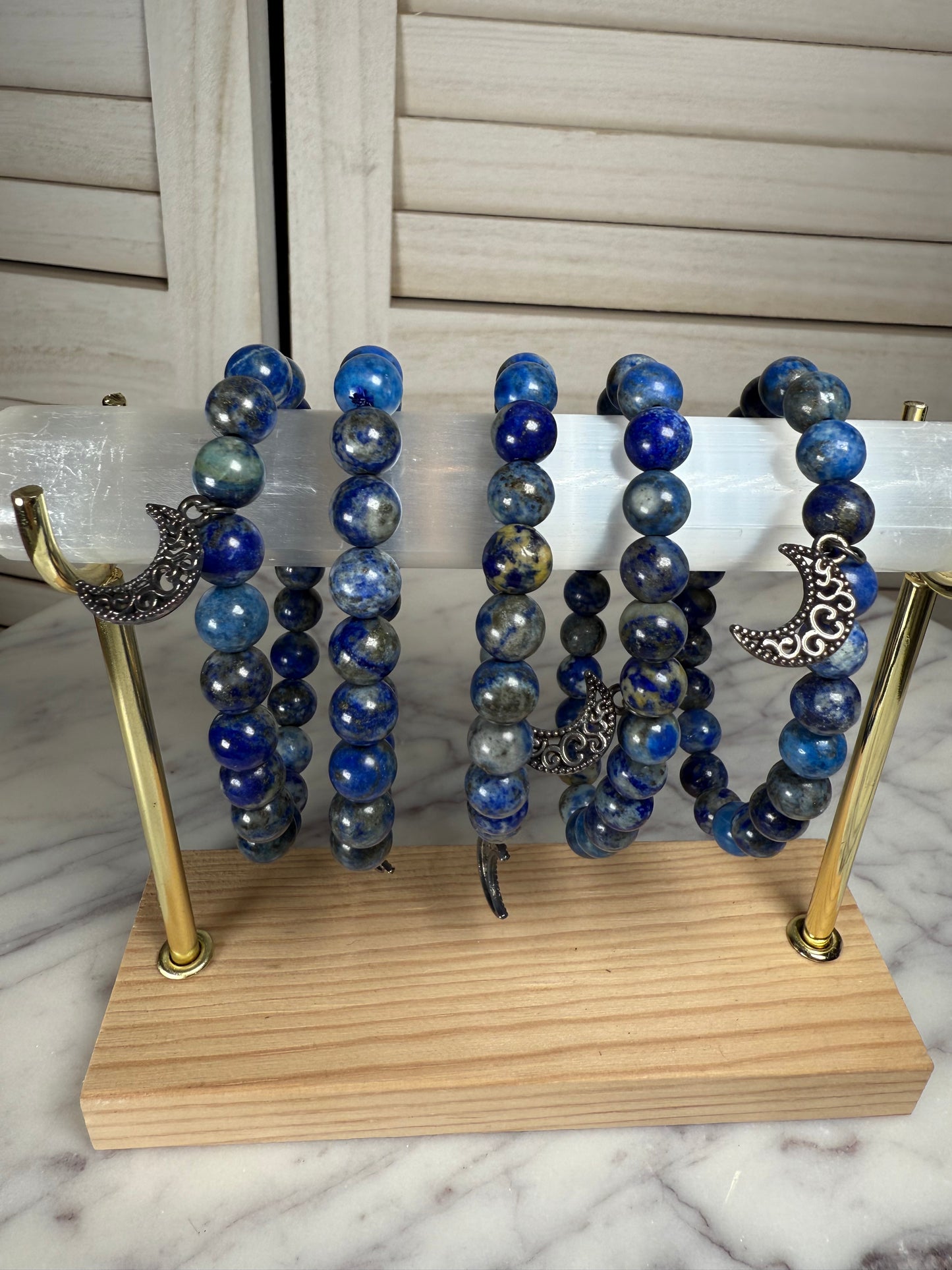 8mm Lapis Lazuli + Moon Charms Bracelet