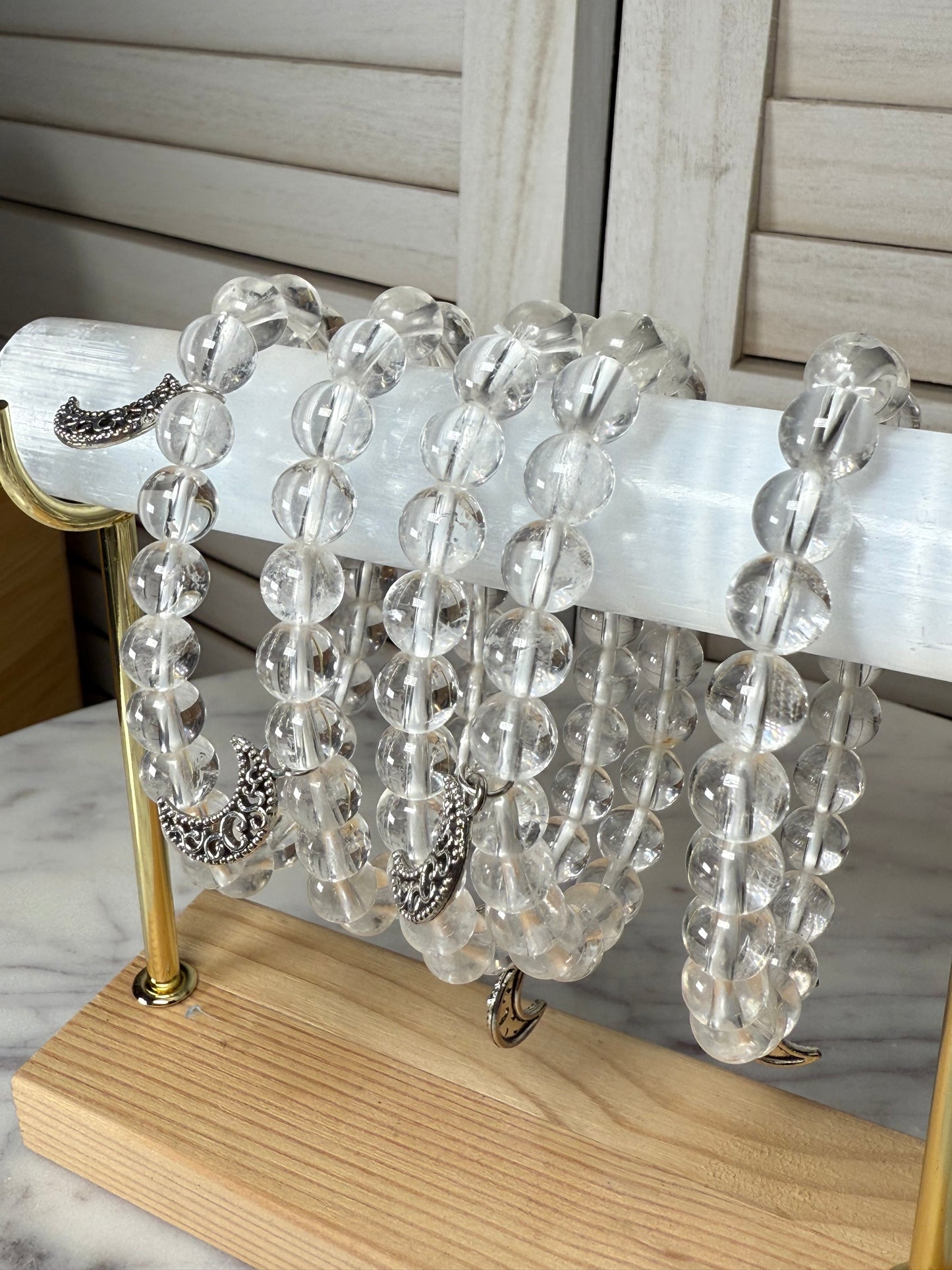 8mm Clear Quartz + Moon Charms Bracelet
