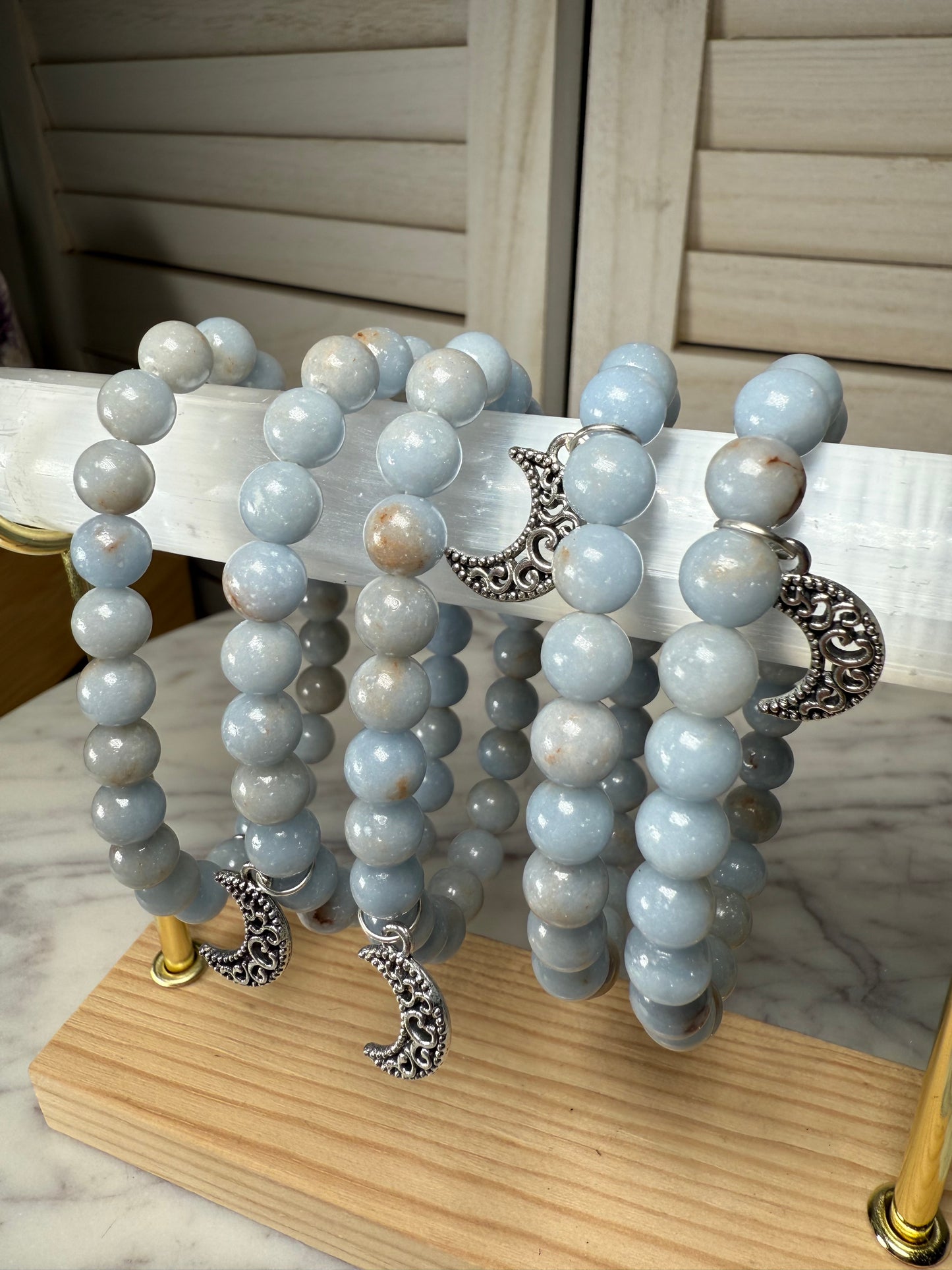 8mm Angelite+ Moon Charms Bracelet