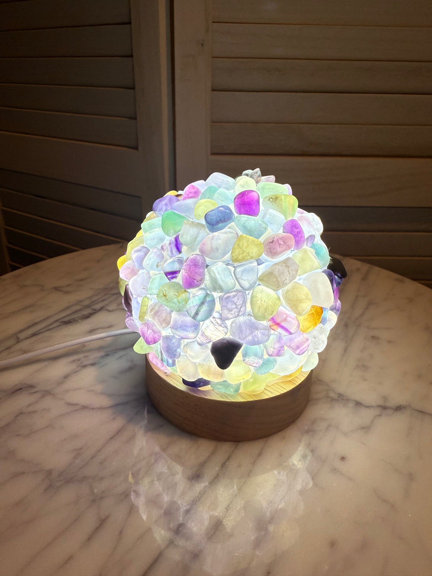 Fluorite Tumble Stone Lamp with Wooden Base