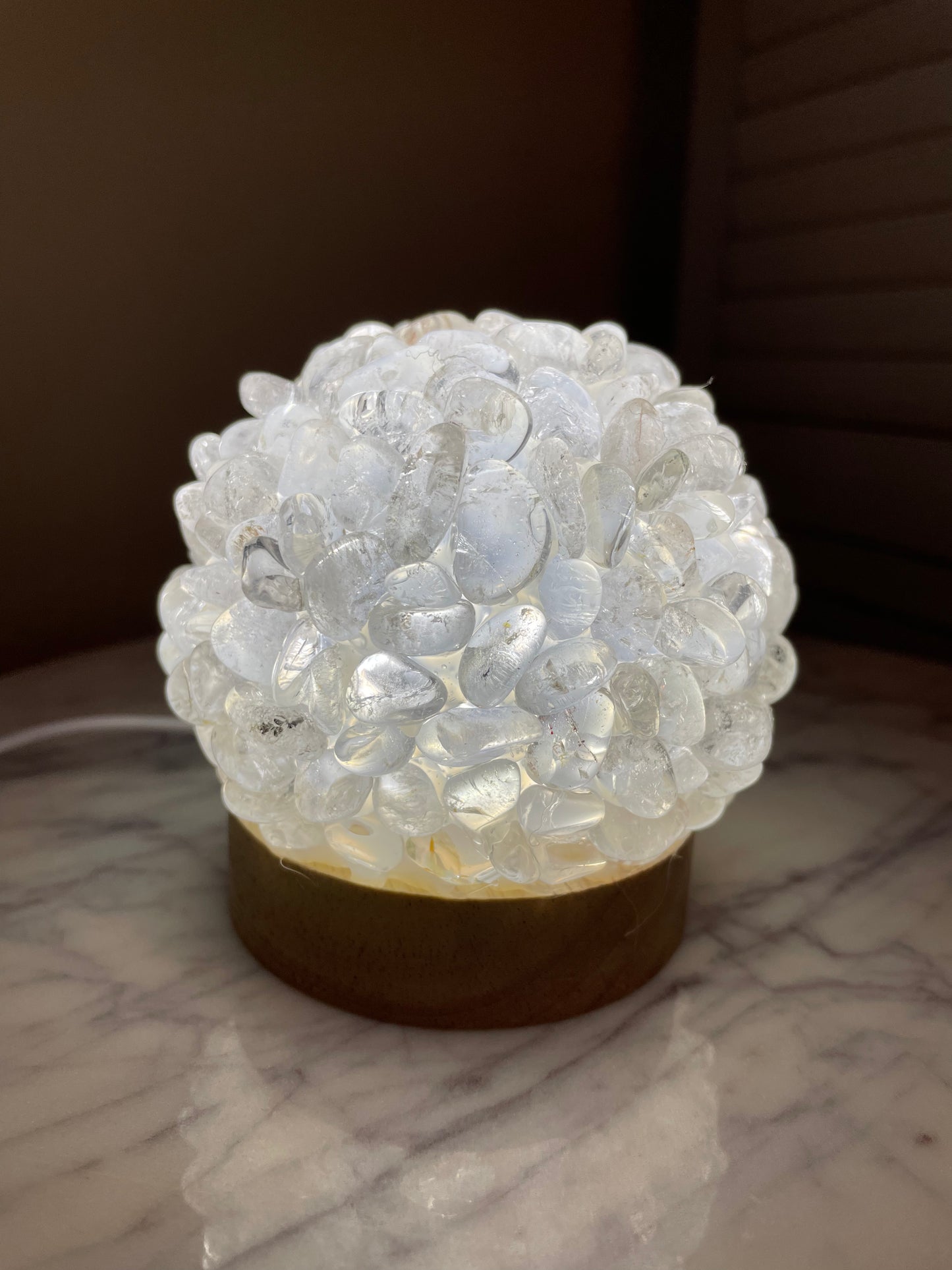 Clear Quartz Tumble Stone Lamp with Wooden Base