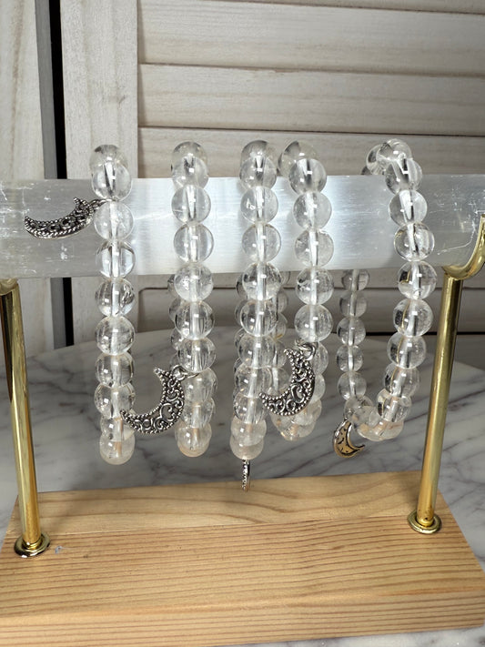 8mm Clear Quartz + Moon Charms Bracelet