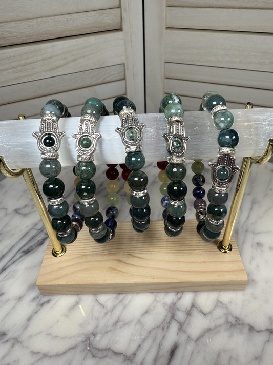 8mm Moss Agate Chakra +Hamsa Bracelet