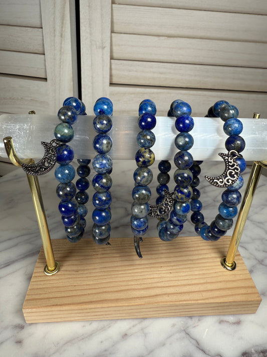 8mm Lapis Lazuli + Moon Charms Bracelet