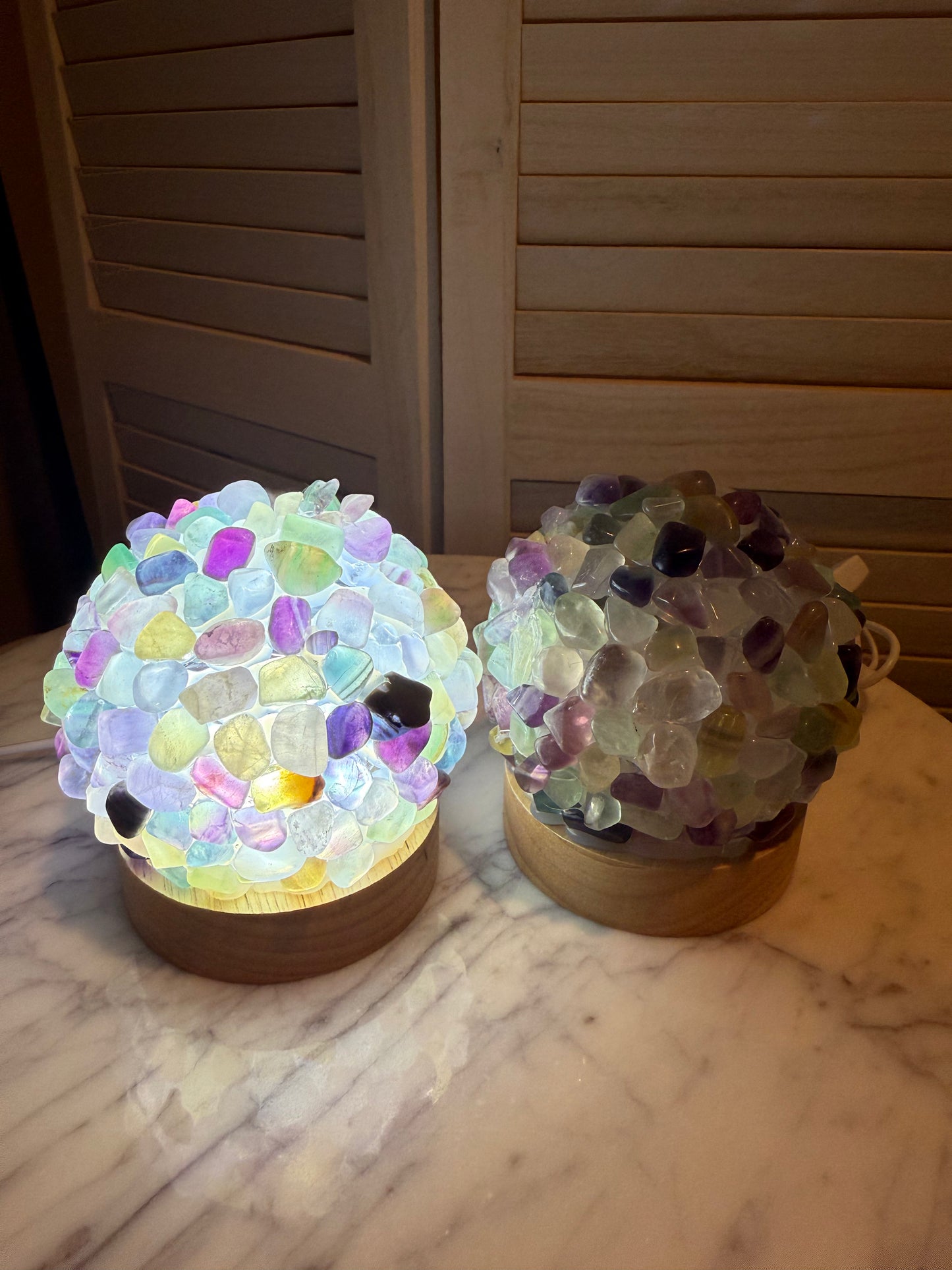 Fluorite Tumble Stone Lamp with Wooden Base