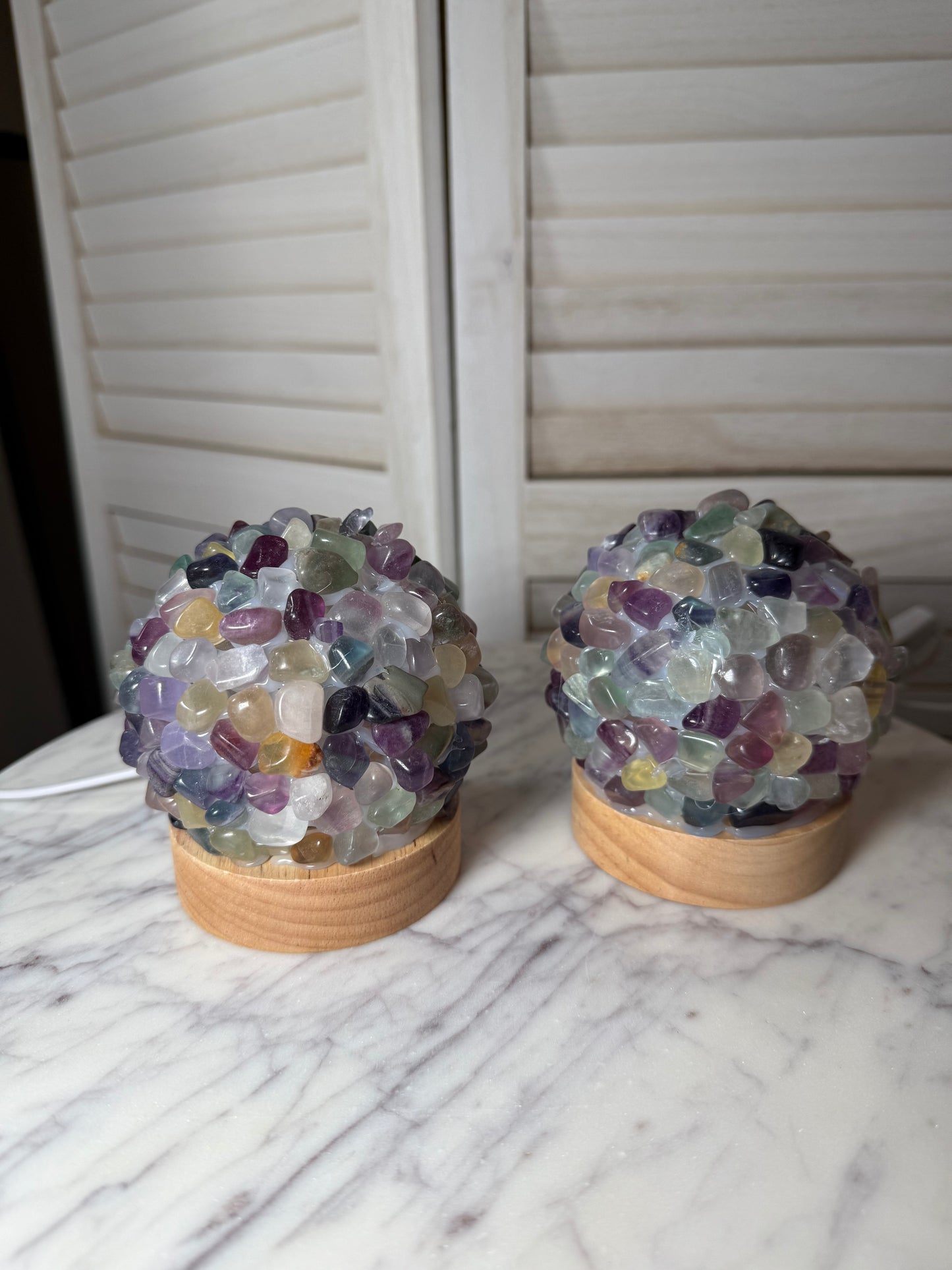 Fluorite Tumble Stone Lamp with Wooden Base