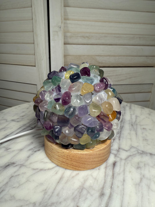 Fluorite Tumble Stone Lamp with Wooden Base