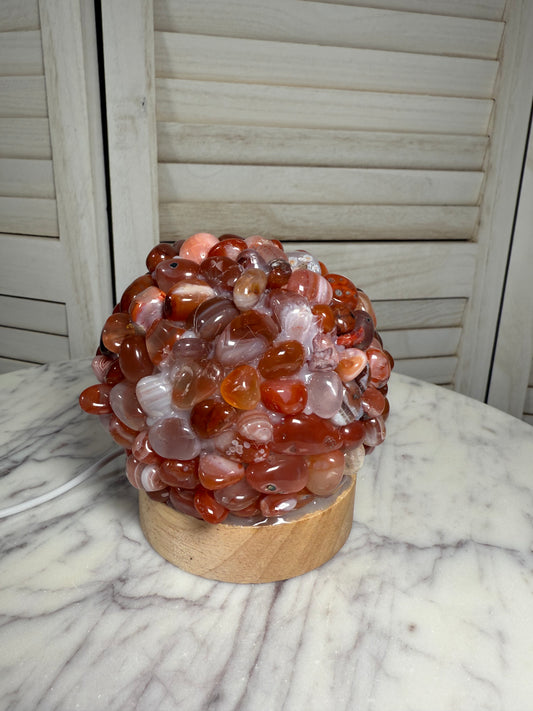 Carnelian Tumble Stone Lamp with Wooden Base