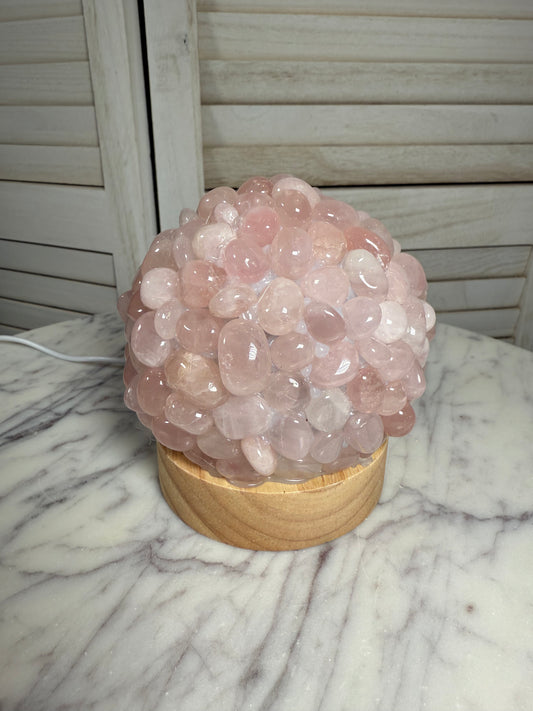 Rose Quartz Tumble Stone Lamp with Wooden Base