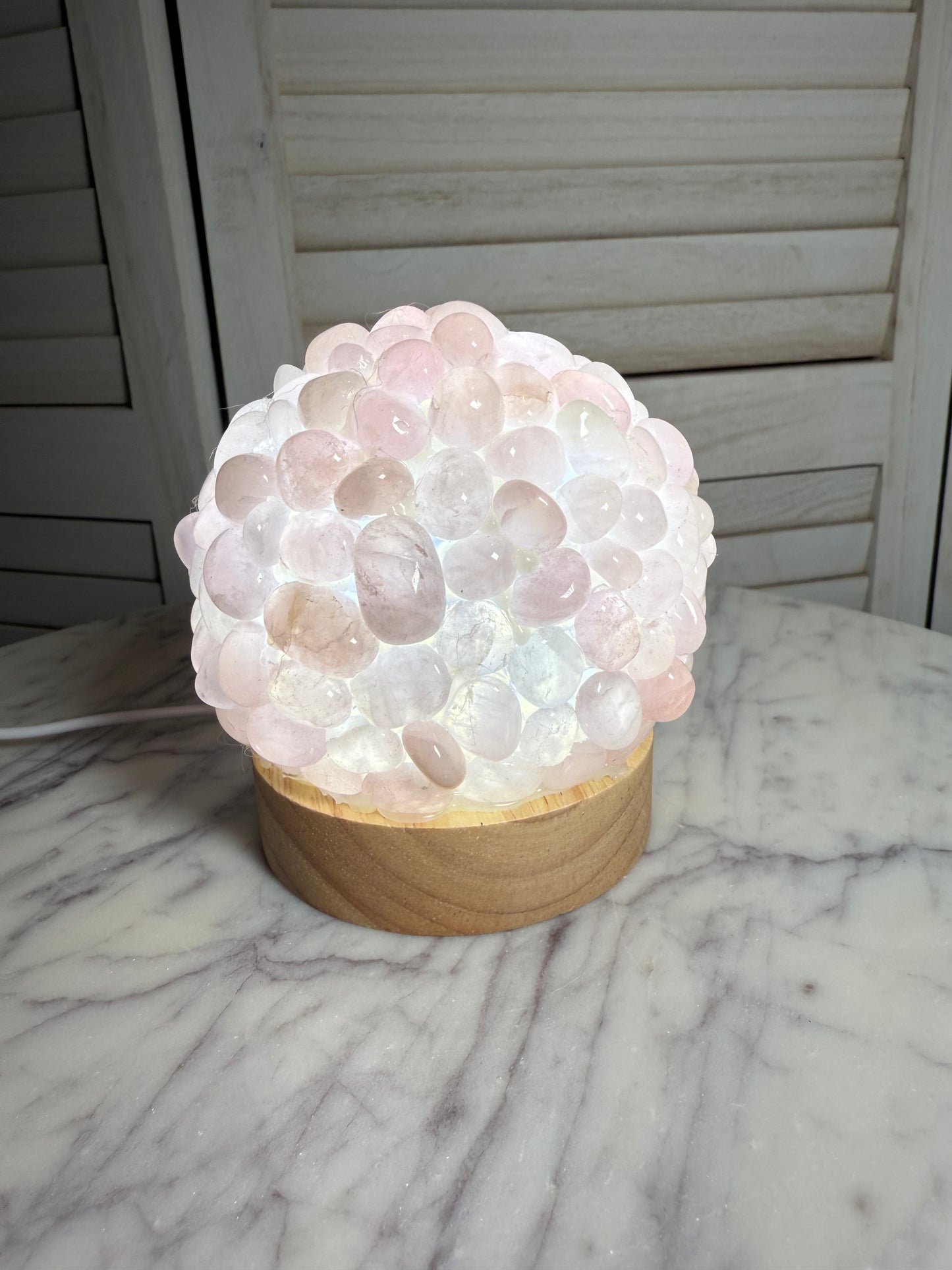 Rose Quartz Tumble Stone Lamp with Wooden Base