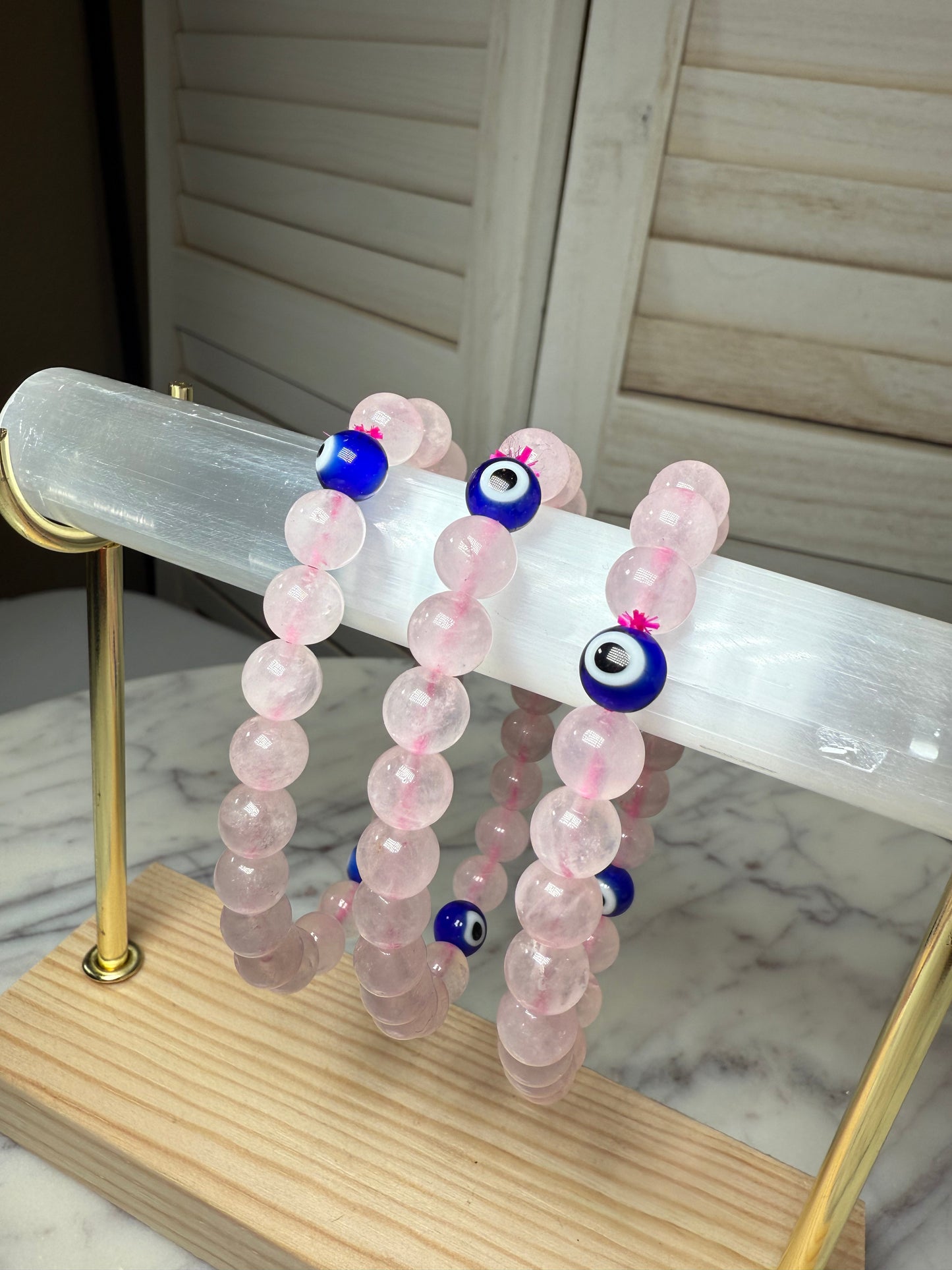 8mm Rose Quartz + Turkish Eye Beads Bracelet