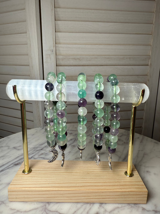 8mm Rainbow Fluorite + Moon Charms Bracelet