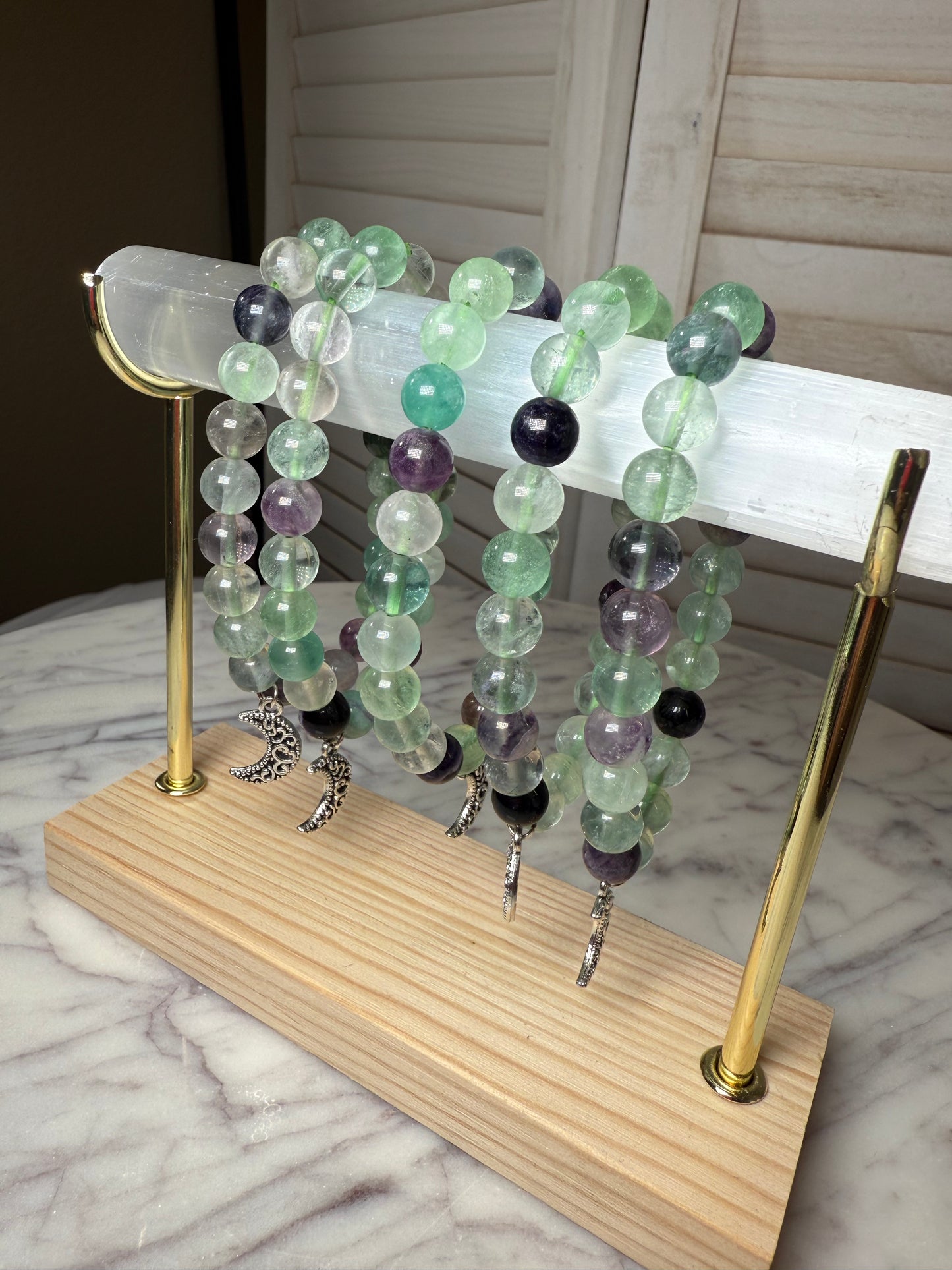 8mm Rainbow Fluorite + Moon Charms Bracelet