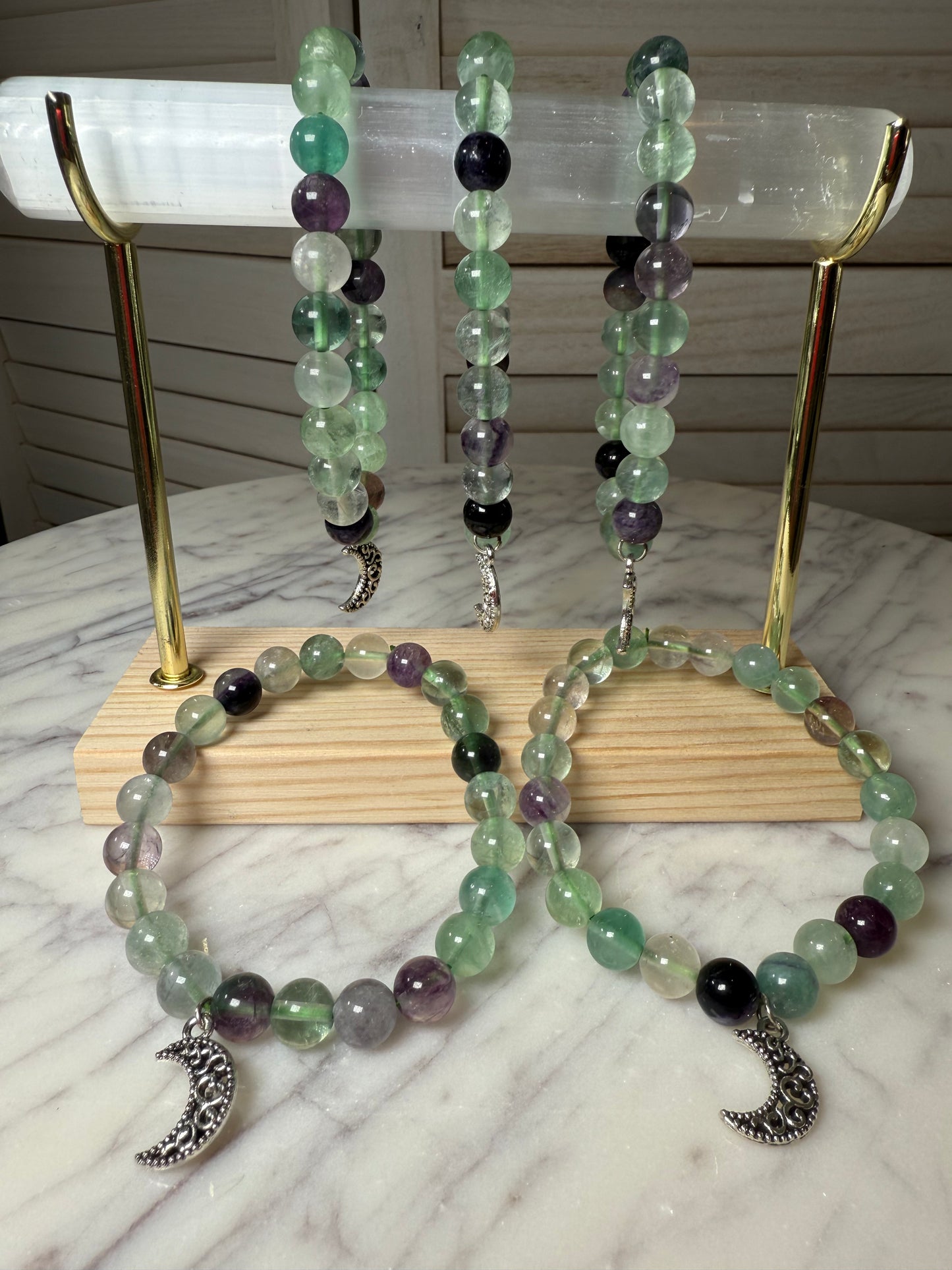 8mm Rainbow Fluorite + Moon Charms Bracelet