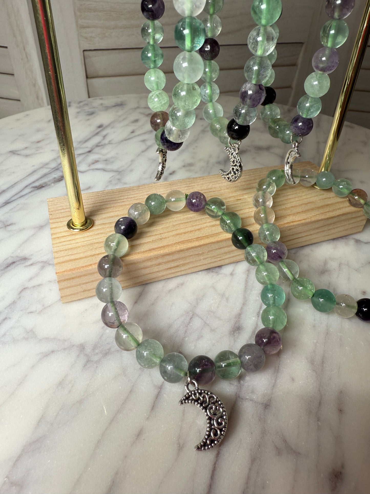 8mm Rainbow Fluorite + Moon Charms Bracelet