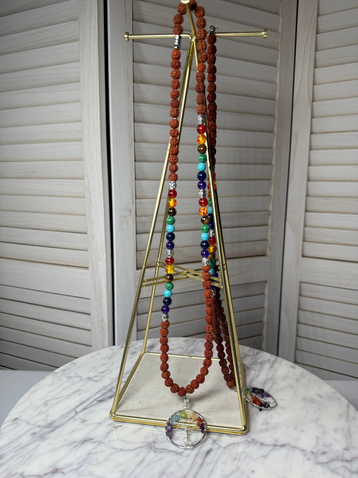 Rudracsha + Chakra Beads and Tree of Life Mala Necklace
