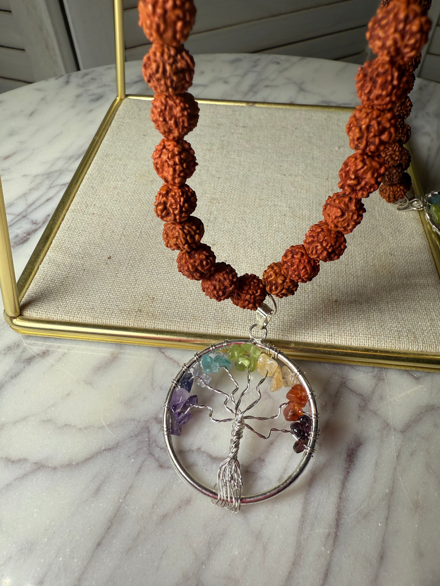 Rudracsha + Chakra Beads and Tree of Life Mala Necklace