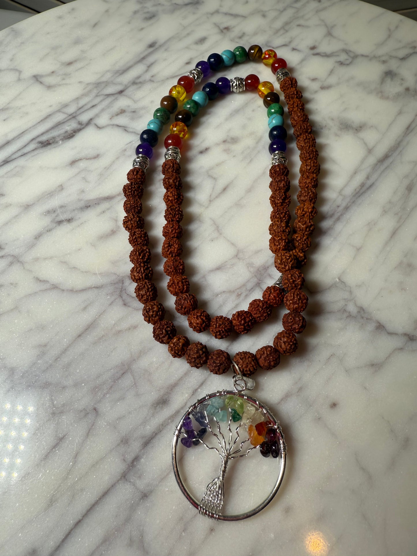 Rudracsha + Chakra Beads and Tree of Life Mala Necklace