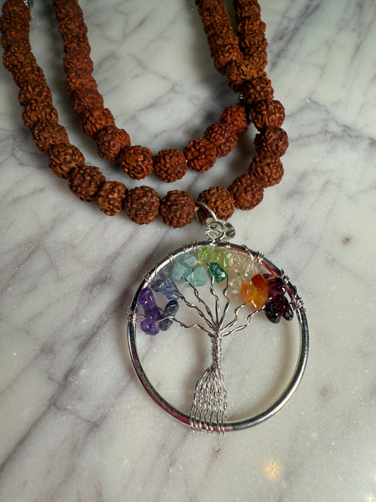 Rudracsha + Chakra Beads and Tree of Life Mala Necklace
