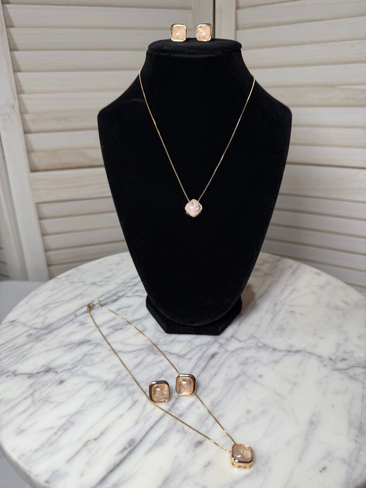 Rose Quartz Earrings and Necklace Set