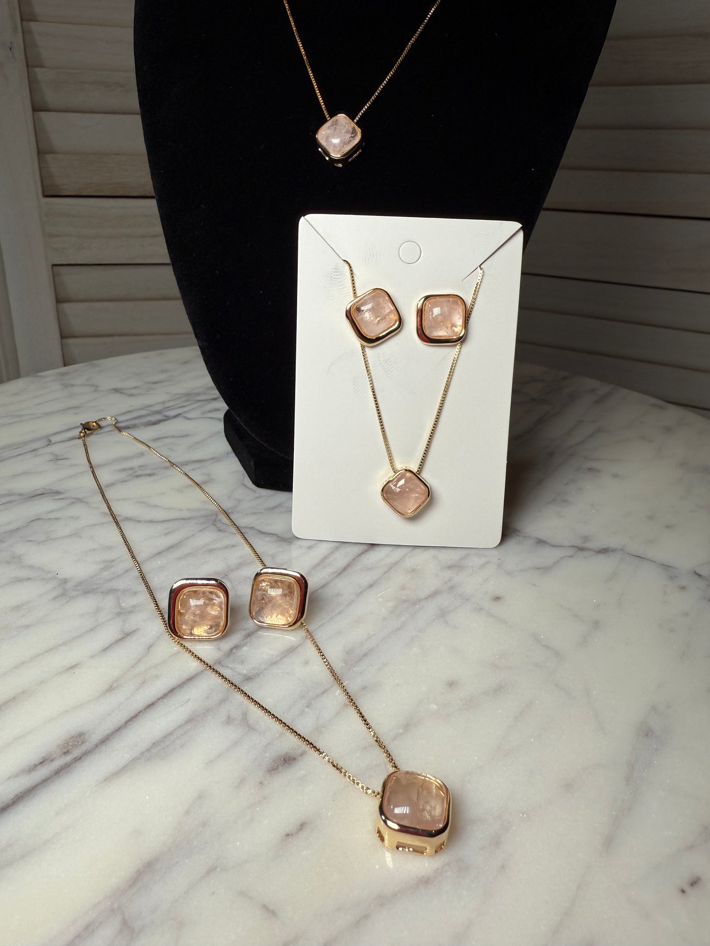 Rose Quartz Earrings and Necklace Set
