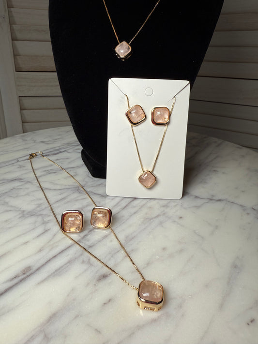 Rose Quartz Earrings and Necklace Set