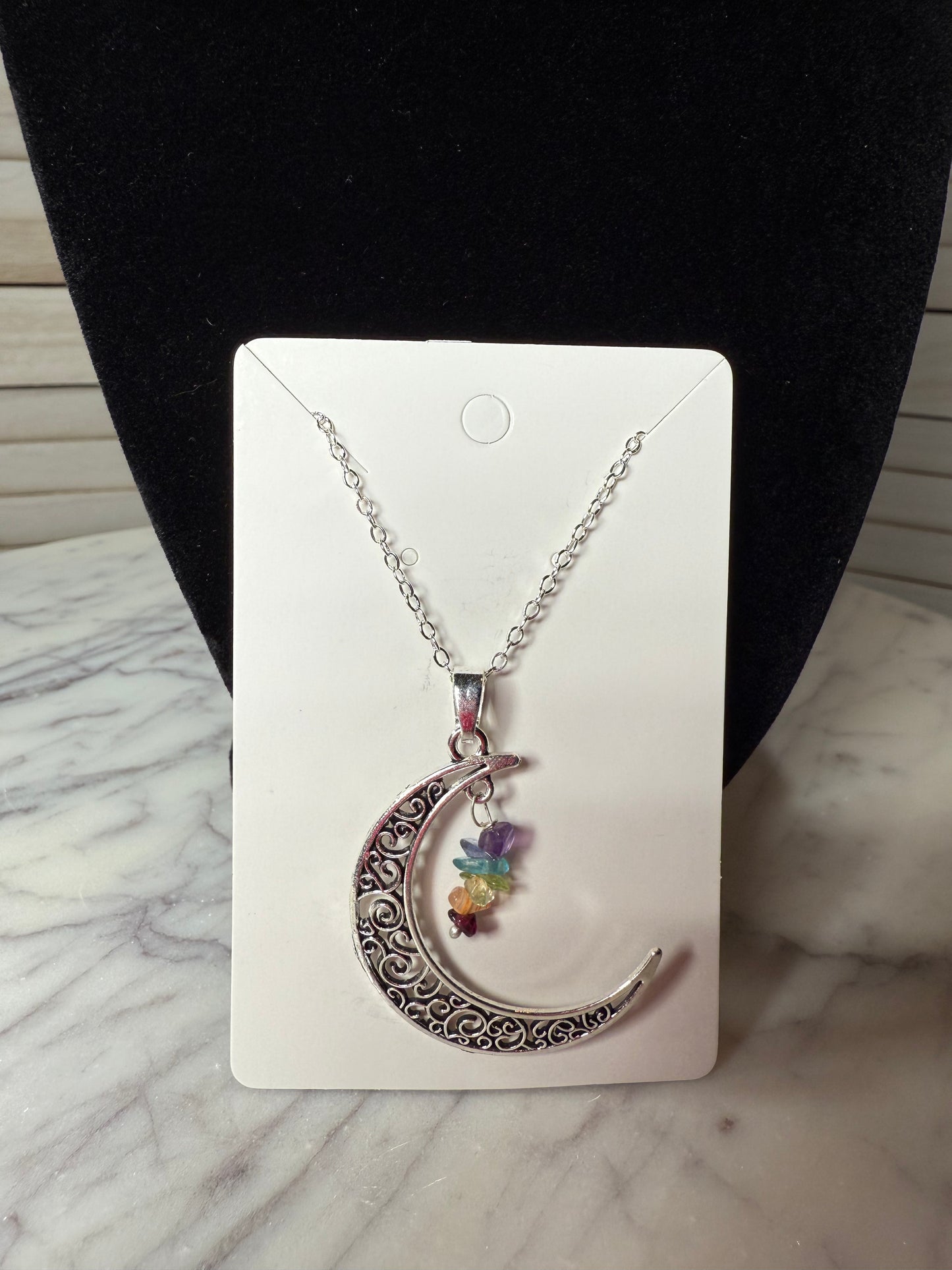 Silver Crescent Moon with Chakra Stones Pendant